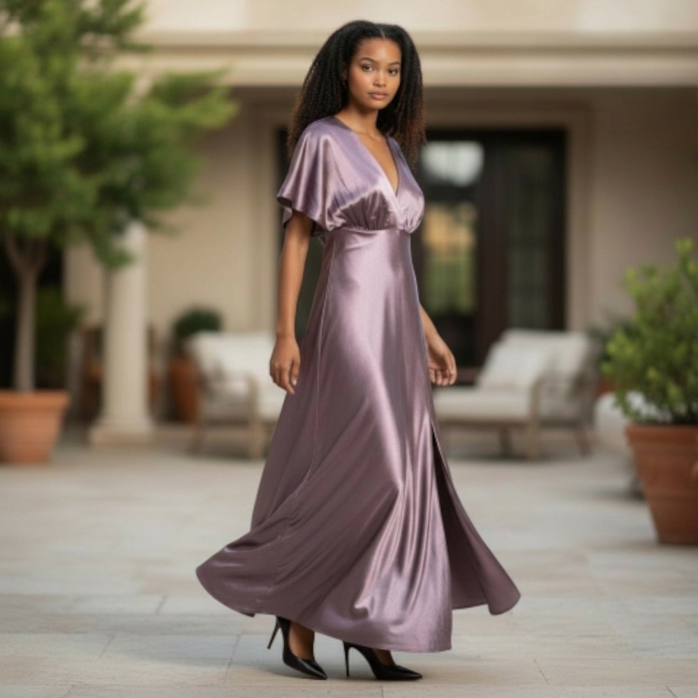 Birdy Grey Jesse Mono Satin Maxi Dress Dark Mauve Flutter Sleeve V Neck